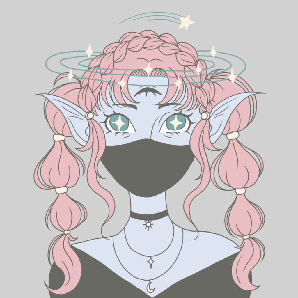 A bust-up portrait of Lumine Starr: writer, editor, and voiceover artist. She is a little blue faerie with pink pigtails and starry space motifs.